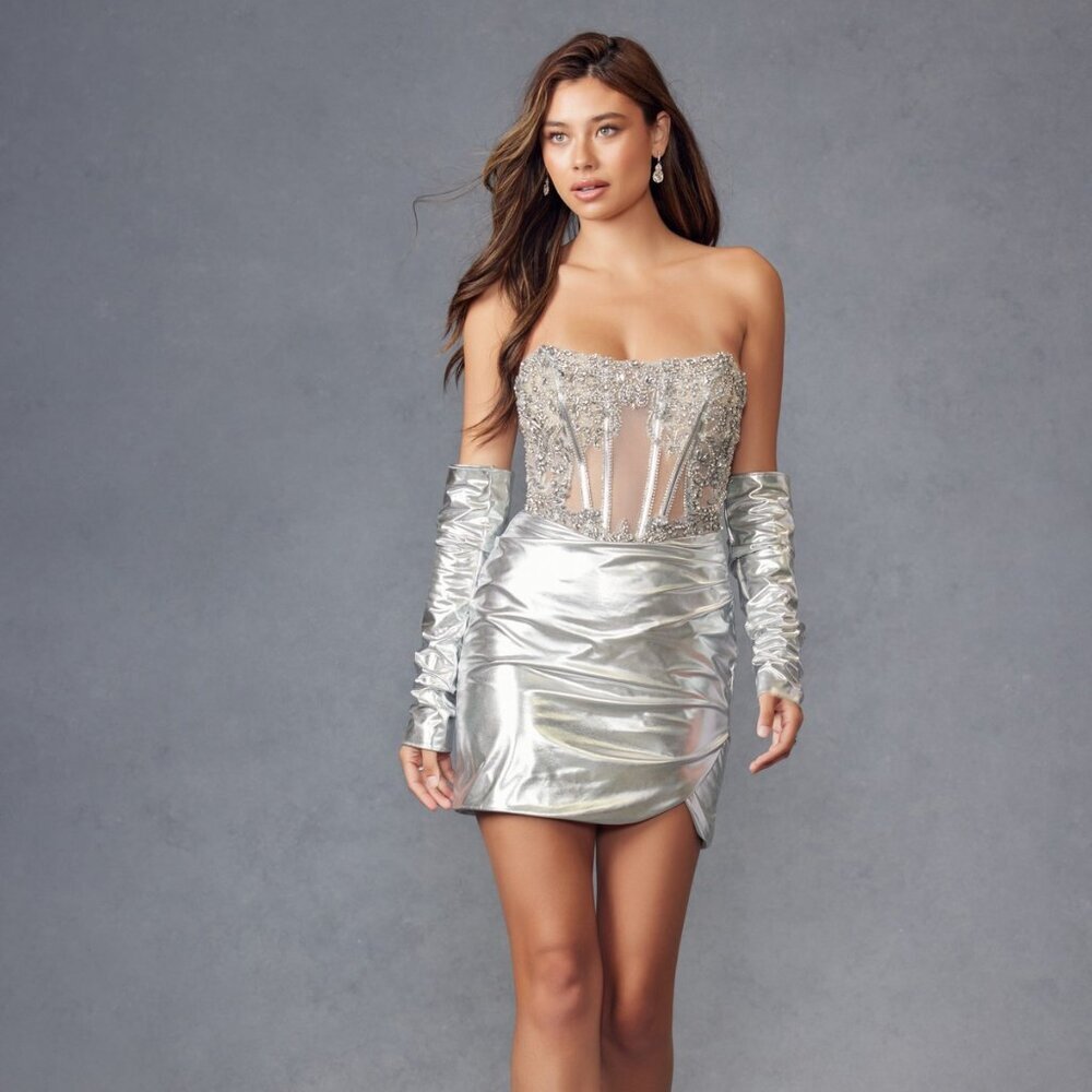 NEW FORMAL STRAPLESS COCKTAIL BODYCON BEADED DRESS W/ REMOVABLE SLEEVES JT938R